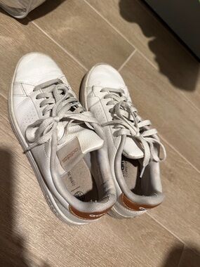 adidas Women’s White Leather Sneakers with Tan Heel Accent